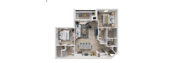 A 3D floor plan of a small apartment with a kitchen, living room, and bedroom.