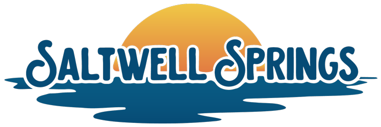 The image is a logo for Saltwell Springs with a sunset in the background.