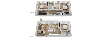 A floor plan of a two-level apartment with labeled rooms.