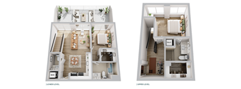 A floor plan of a two-level apartment with labeled rooms.