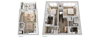 A floor plan of a two-story apartment with a living room, kitchen, and bedrooms.