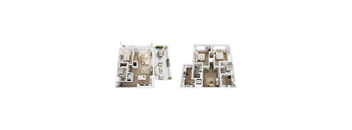 Two floor plans of a house with a living room, kitchen, and bedrooms.