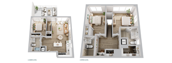 A floor plan of a two-level apartment with labeled rooms.