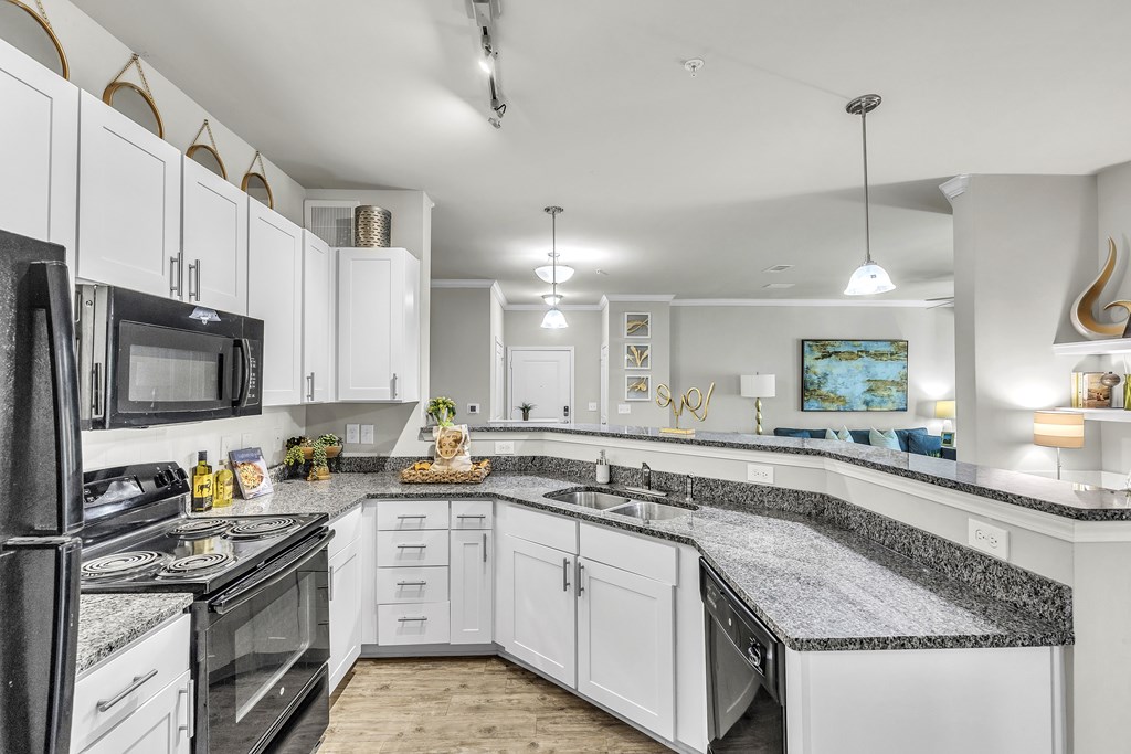 Kitchen with white cabinets and black appliances at Sterling Creek at Richmond Hill, Georgia 