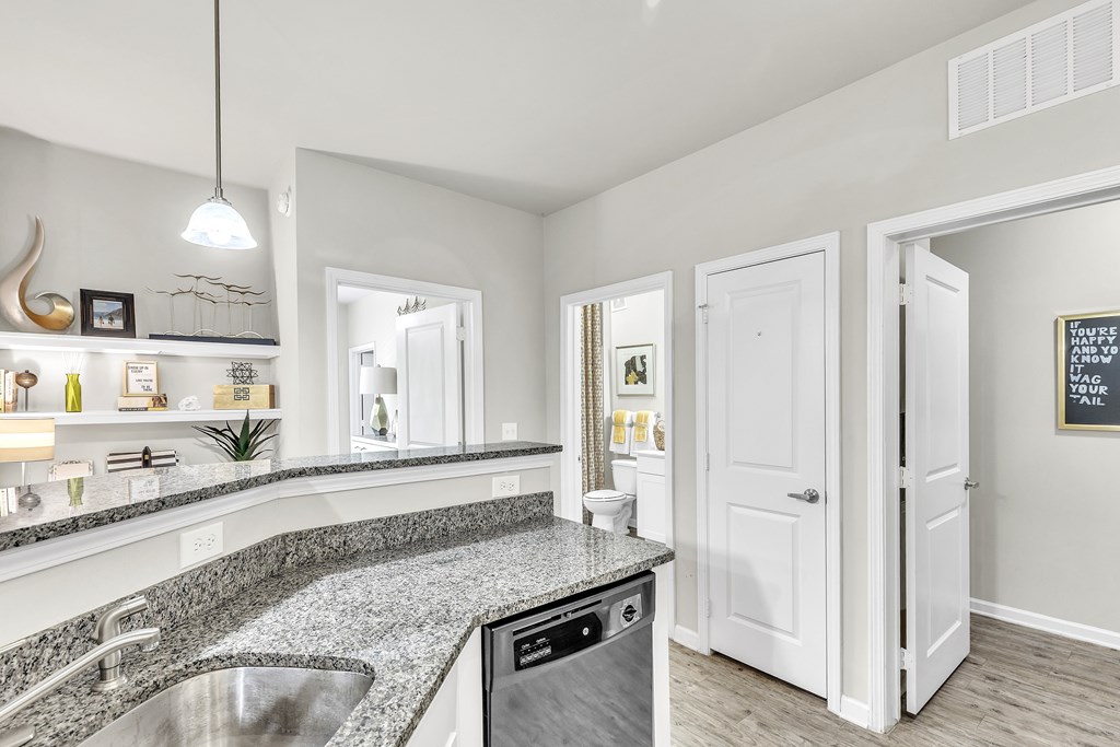 Modern kitchen with a granite countertop and stainless steel appliances at Sterling Creek at Richmond Hill, Richmond Hill, 31324