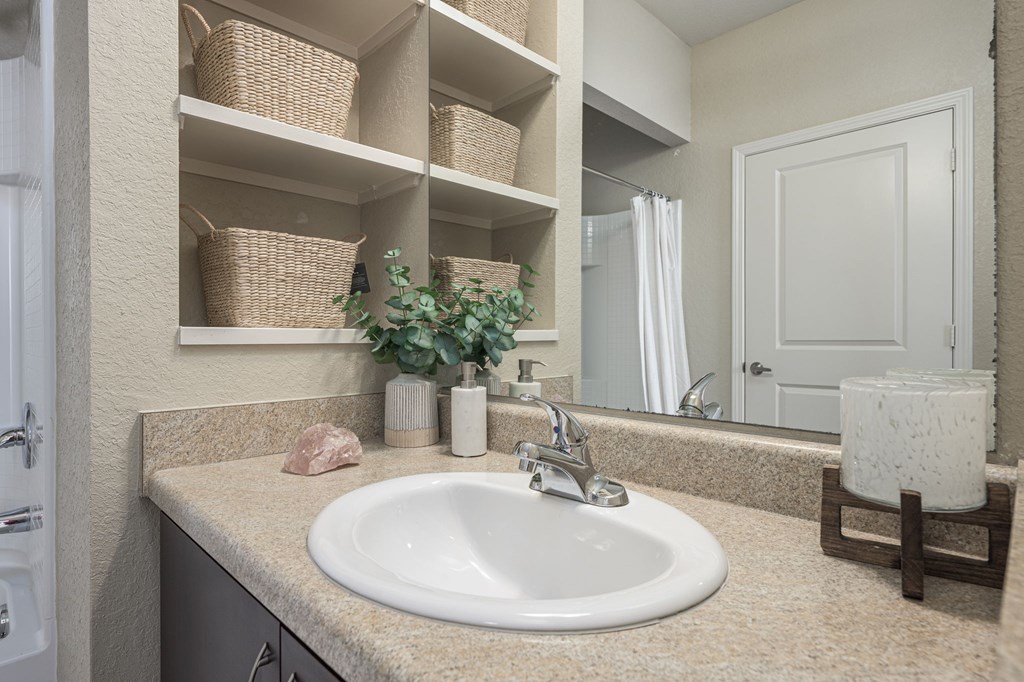 A bathroom with a sink, mirror, and shelves with baskets and plants.