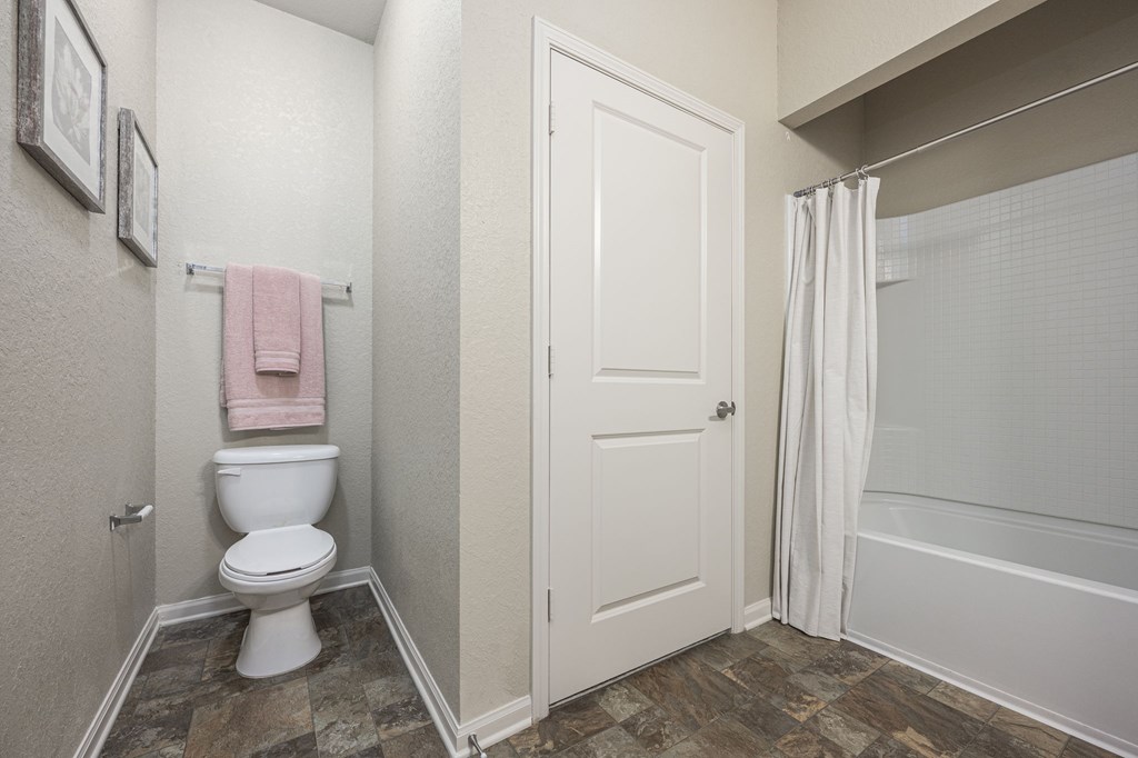 A bathroom with a toilet, a door, and a shower curtain.