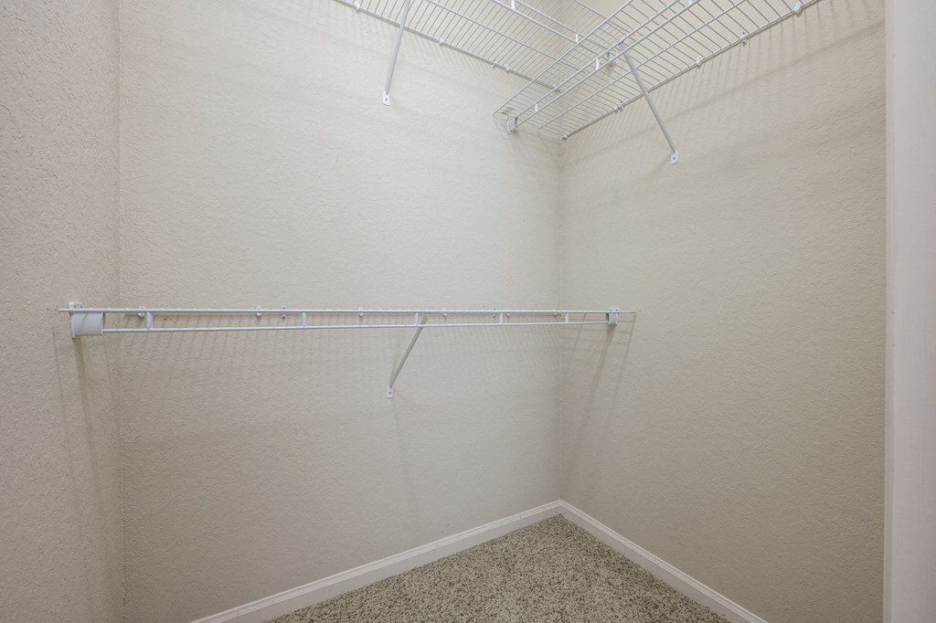 Empty room with a white shelf and a carpeted floor.
