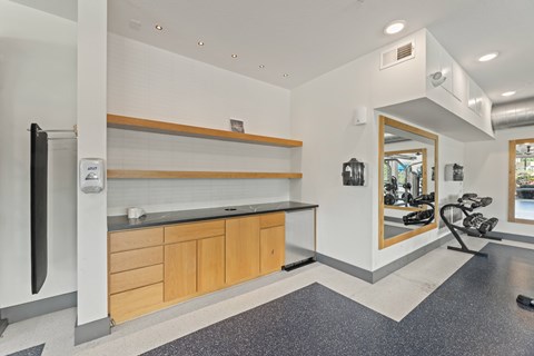 A modern kitchen with a refrigerator, countertop, and a view of the outside through a window at The Preserve at Preston Trails Apartments, Texas, 75104
