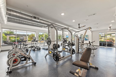 A gym with a variety of equipment including weights and machines at The Preserve at Preston Trails Apartments, Texas