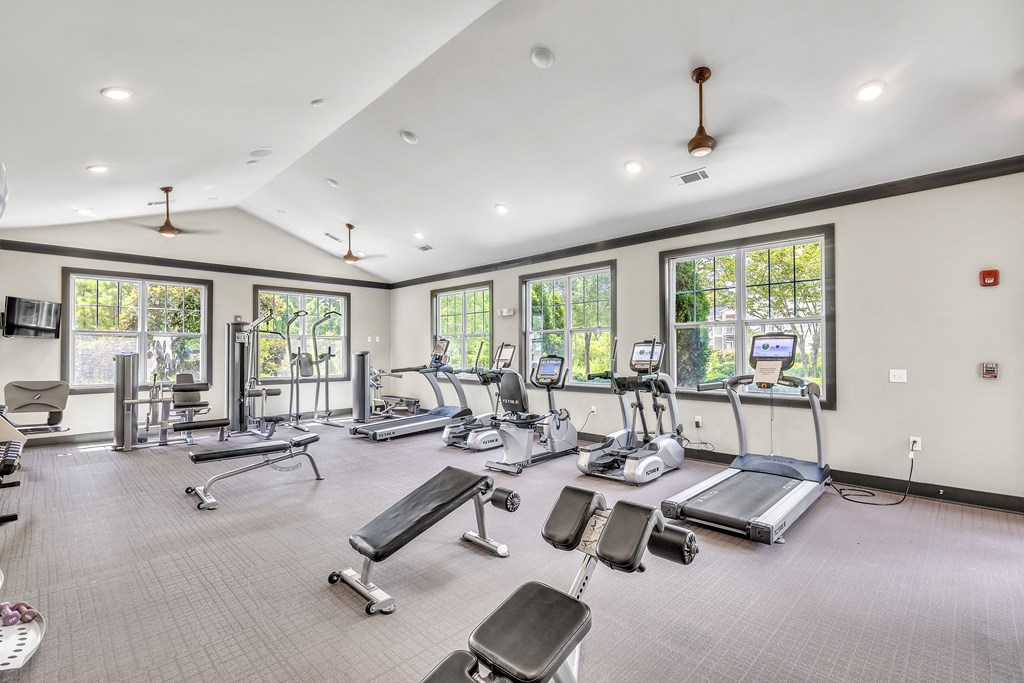Spacious gym with a variety of equipment and a ceiling fan at Sterling Creek at Richmond Hill, Richmond Hill, Georgia 