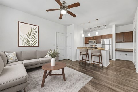 A living room with a grey couch and a brown coffee table.
