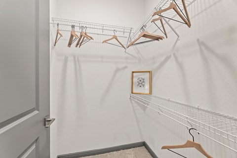 A row of clothes hangers on a rack in a room at The Preserve at Preston Trails Apartments, Cedar Hill
