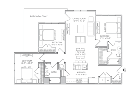 Alder 3 bed 2 bath Floor Plan at Waterleaf at Neely Ferry Apartments, Simpsonville, South Carolina