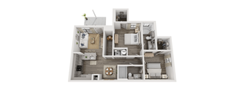A 3D floor plan of a house with a kitchen, living room, dining room, and bathroom.