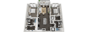 A 3D floor plan of a two-bedroom apartment with a living room, kitchen, and bathroom.