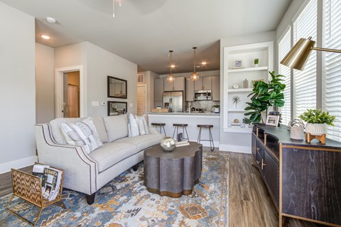 A living room with a sofa, a coffee table, and a rug.