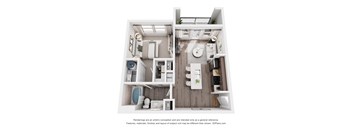 A 3D floor plan of a small apartment with a kitchen, living room, and bathroom.