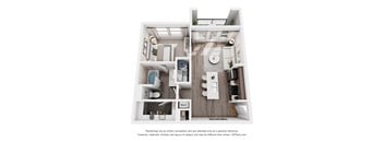 A 3D floor plan of a small apartment with a kitchen, living room, and bathroom.
