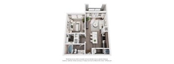 A 3D floor plan of a small apartment with a kitchen, living room, and bathroom.