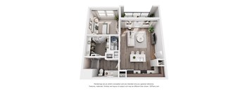 A 3D floor plan of a small apartment with a kitchen, living room, and bathroom.