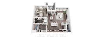 A 3D floor plan of a small apartment with a kitchen, living room, and bathroom.