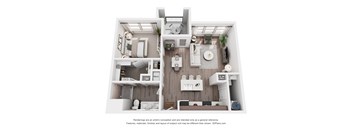 A 3D floor plan of a house with a kitchen, living room, and bathroom.