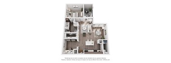 A 3D floor plan of a small apartment with a kitchen, living room, and bathroom.