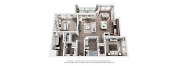 A 3D floor plan of a house with a kitchen, living room, and bathrooms.