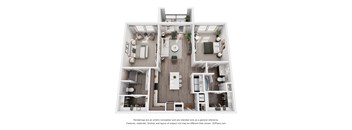 A 3D floor plan of a house with a kitchen, living room, and two bedrooms.