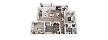A 3D floor plan of a house with a kitchen, living room, and bedrooms.