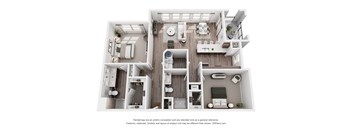 A 3D floor plan of a house with a kitchen, living room, and bathroom.