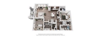 A 3D floor plan of a house with a kitchen, living room, and bedrooms.