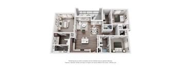 A 3D floor plan of a house with a kitchen, living room, and bedrooms.