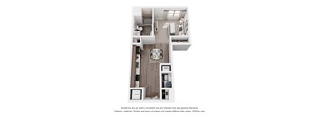 A 3D floor plan of a house with a kitchen, living room, and bathroom.