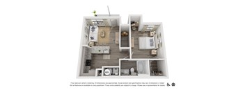 A floor plan of an apartment with a living room, kitchen, and bathroom.