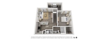 A 3D floor plan of an apartment with a kitchen, living room, bedrooms, and bathrooms.