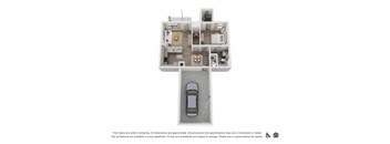 A floor plan of an apartment with a car parked in the garage.