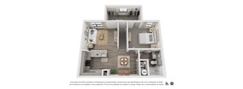 A 3D floor plan of an apartment showing a living room, kitchen, and bedrooms.
