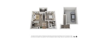 A floor plan of an apartment with two bedrooms, a living room, a kitchen, and a garage.