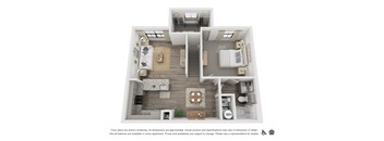 A 3D floor plan of an apartment showing a living room, kitchen, and bedrooms.