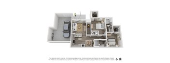A floor plan of an apartment with a kitchen, living room, and bathroom.