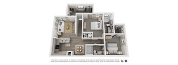A 3D floor plan of an apartment showing a living room, kitchen, and bedrooms.