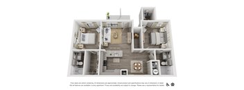 A 3D rendering of apartment floor plans with various rooms and furniture.