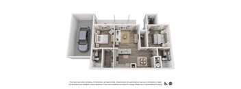 A 3D floor plan of an apartment with a kitchen, living room, and bedrooms.