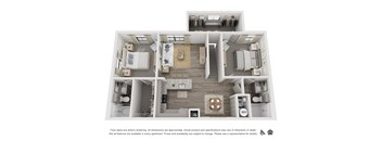 A 3D floor plan of an apartment showing a kitchen, living room, and bedrooms.