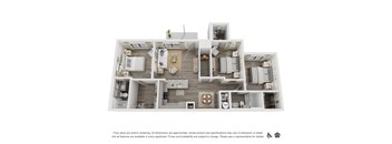A floor plan of an apartment with multiple rooms and appliances.