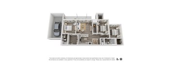 A floor plan of an apartment with a kitchen, living room, and bedrooms.