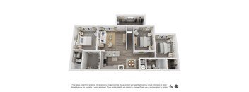 A floor plan of an apartment with various rooms and furniture.