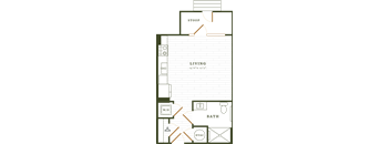 A diagram of a living room layout with a sofa, a bathroom, and a kitchen.